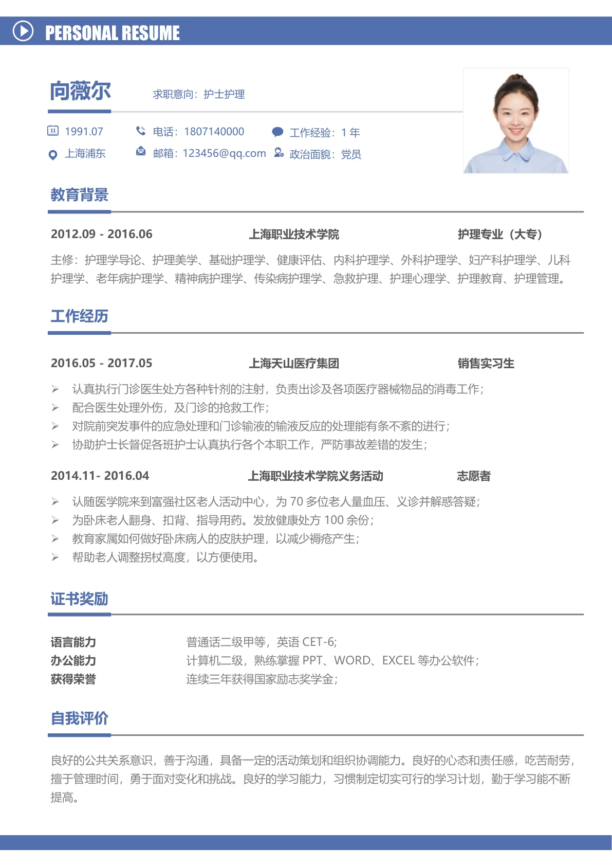 护士护理免费简历模板